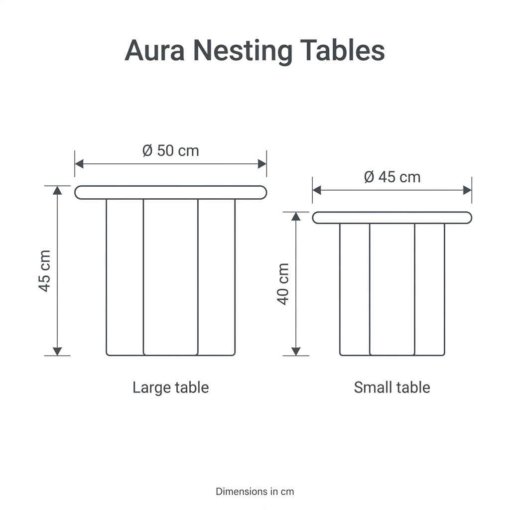 Aura Nesting Tables dimension diagram: large table height 45 cm, diameter 50 cm; small table height 40 cm, diameter 45 cm
