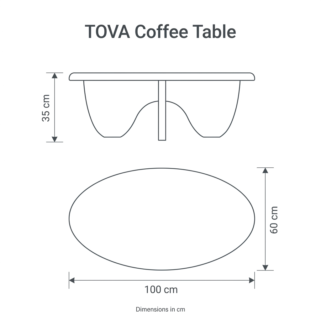 TOVA Coffee Table front and top dimension diagram: width 100 cm, depth 60 cm, height 35 cm