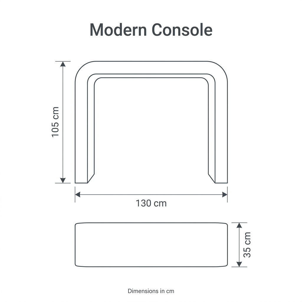 Modern Console front and top dimension diagram: length 130 cm, width 35 cm, height 105 cm