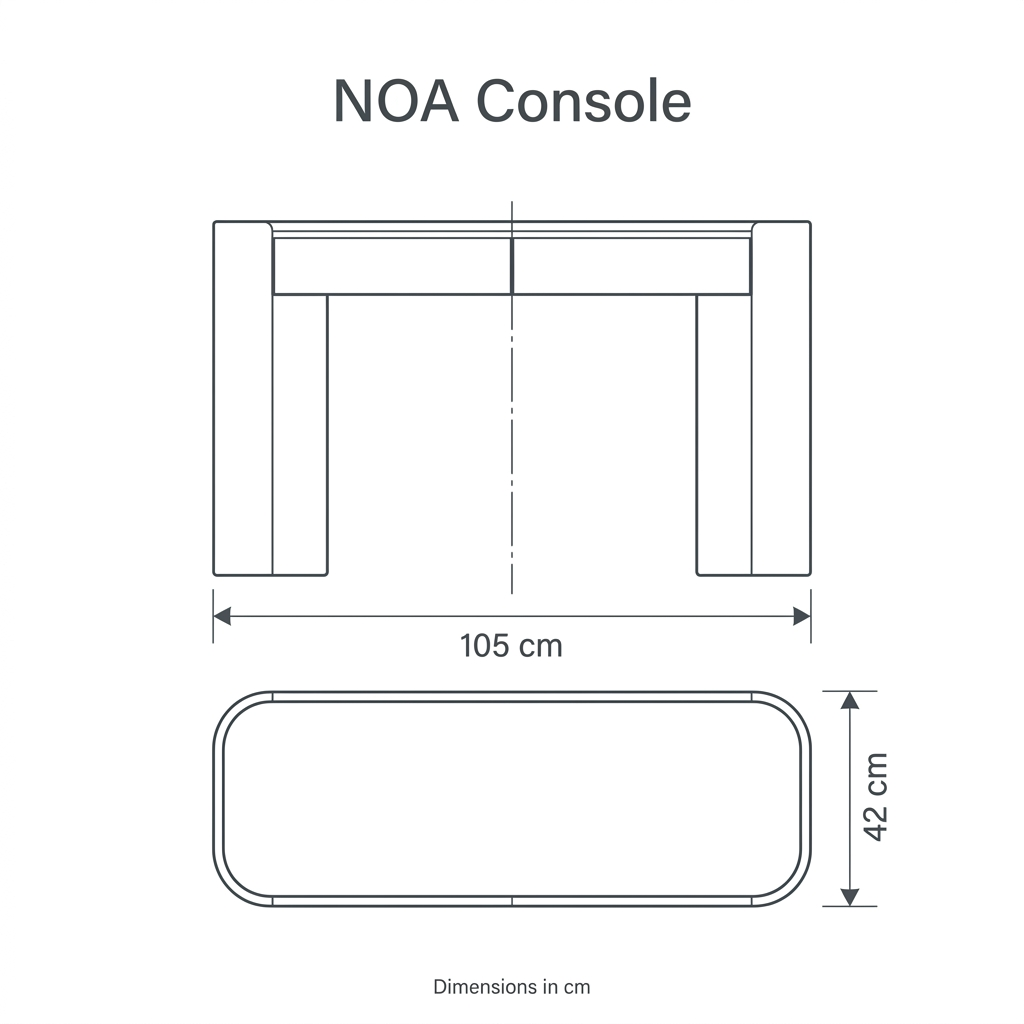 NOA Console front and top dimension diagram showing overall width 105 cm and depth 42 cm.