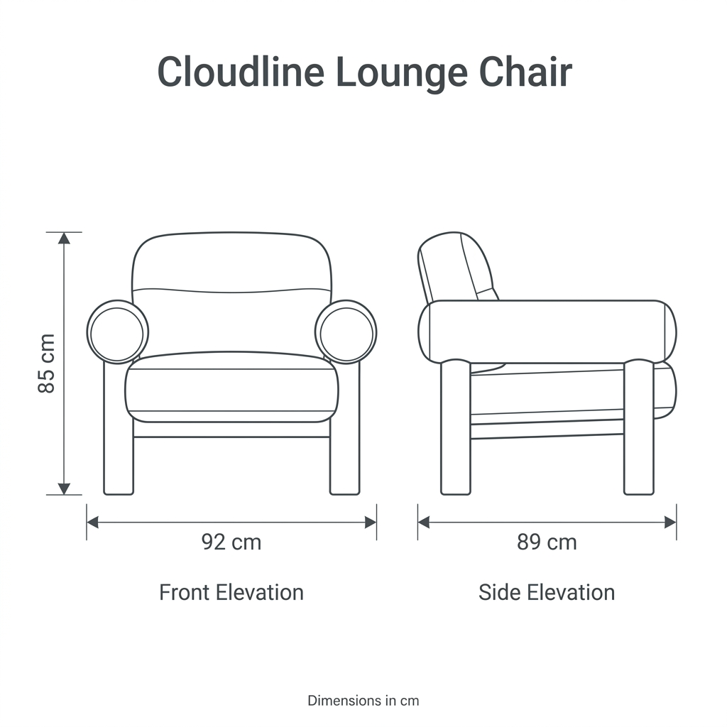 Cloudline Lounge Chair front and side dimension diagram: overall width 92 cm, depth 89 cm, height 85 cm