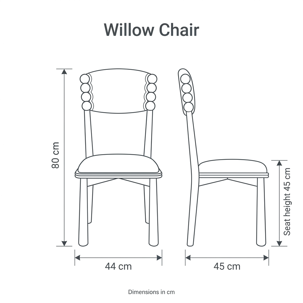 Willow Chair dimension diagram: width 44 cm, depth 45 cm, overall height 80 cm, seat height 45 cm