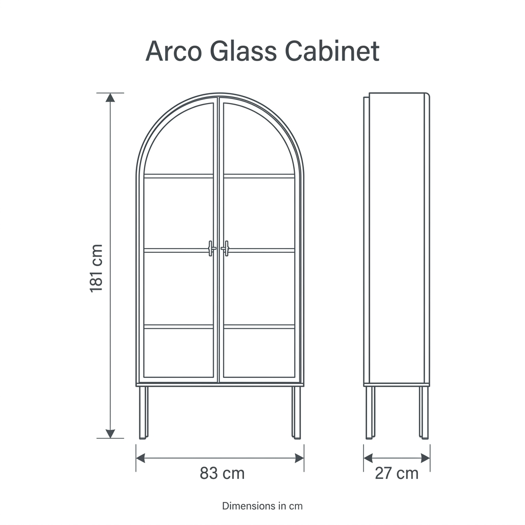 Arco Glass Cabinet dimension diagram: width 83 cm, depth 27 cm, height 181 cm