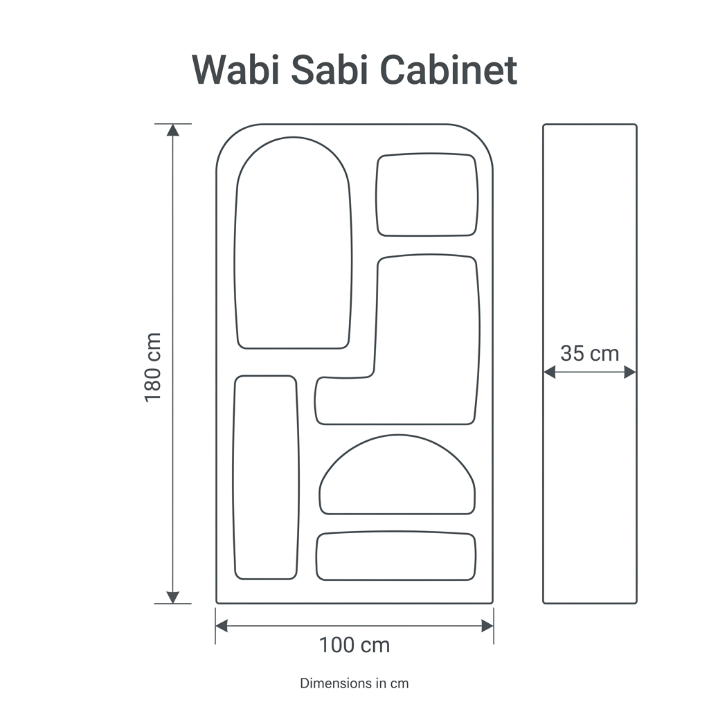Wabi Sabi Cabinet dimension diagram: height 180 cm, width 100 cm, depth 35 cm