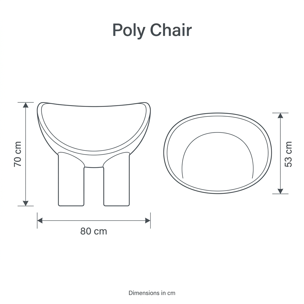 Poly Chair front and top dimension diagram: width 80 cm, depth 53 cm, overall height 70 cm.