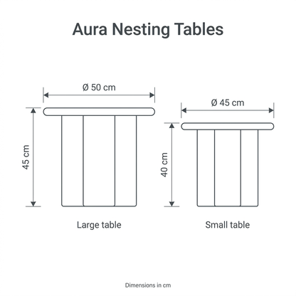 Aura Nesting Tables dimension diagram: large table height 45 cm, diameter 50 cm; small table height 40 cm, diameter 45 cm
