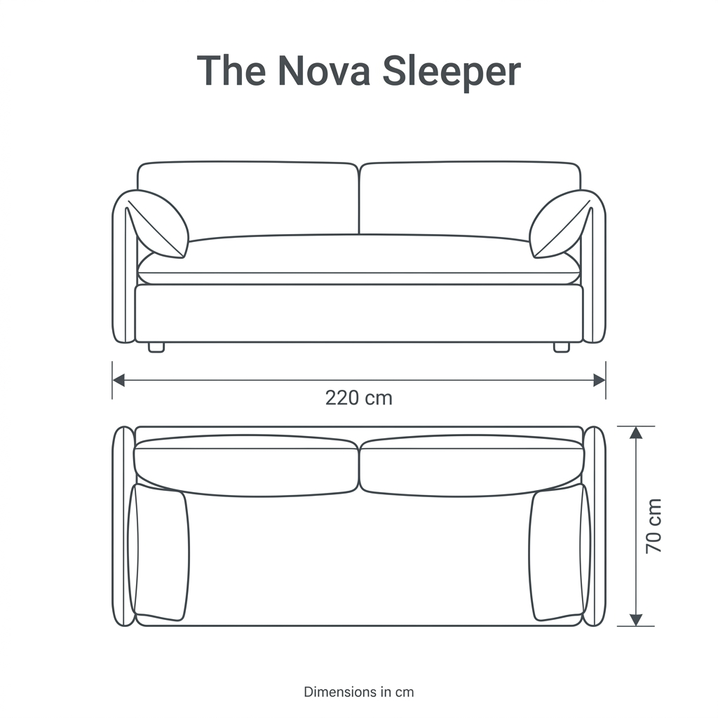 The Nova Sleeper front and top dimension diagram showing length 220 cm and width 70 cm.