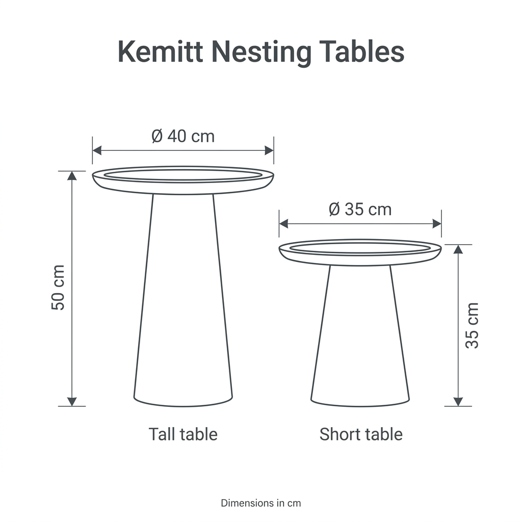 Kemitt Nesting Tables dimension diagram: tall table height 50 cm and diameter 40 cm; short table height 35 cm and diameter 35 cm