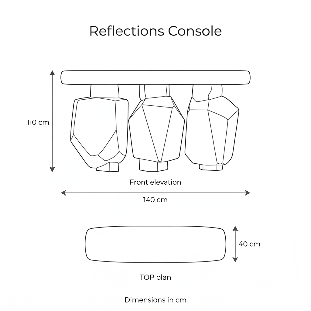 Reflections Console front and top dimension diagram: width 140 cm, depth 40 cm, height 110 cm