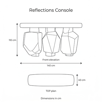 Reflections Console front and top dimension diagram: width 140 cm, depth 40 cm, height 110 cm