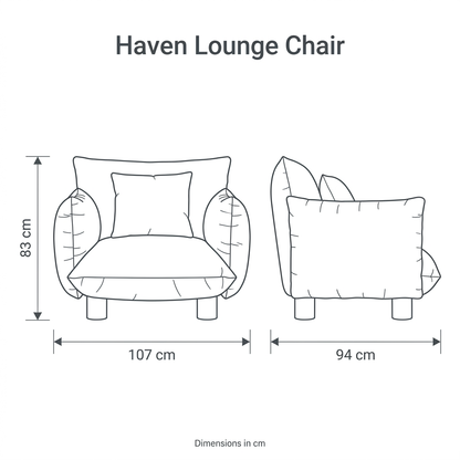Haven Lounge Chair front and side dimension diagram: width 107 cm, depth 94 cm, height 83 cm