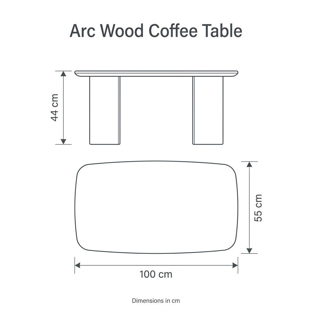 Arc Wood Coffee Table front and top dimension diagram: width 100 cm, depth 55 cm, height 44 cm