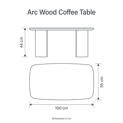 Arc Wood Coffee Table front and top dimension diagram: width 100 cm, depth 55 cm, height 44 cm