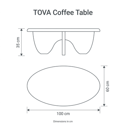 TOVA Coffee Table front and top dimension diagram: width 100 cm, depth 60 cm, height 35 cm