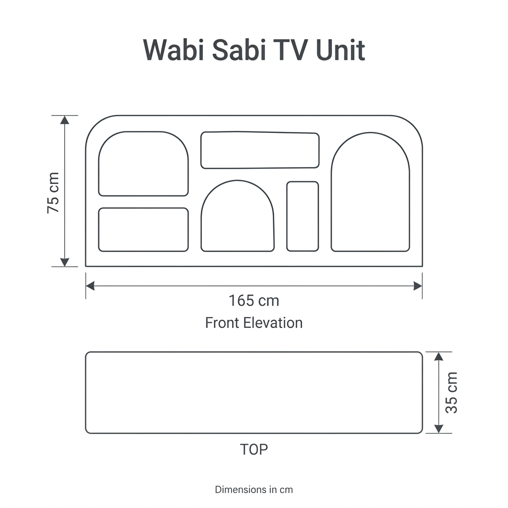 Wabi Sabi TV Unit front and top dimension diagram: width 165 cm, depth 35 cm, height 75 cm