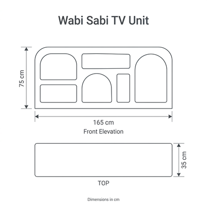 Wabi Sabi TV Unit front and top dimension diagram: width 165 cm, depth 35 cm, height 75 cm