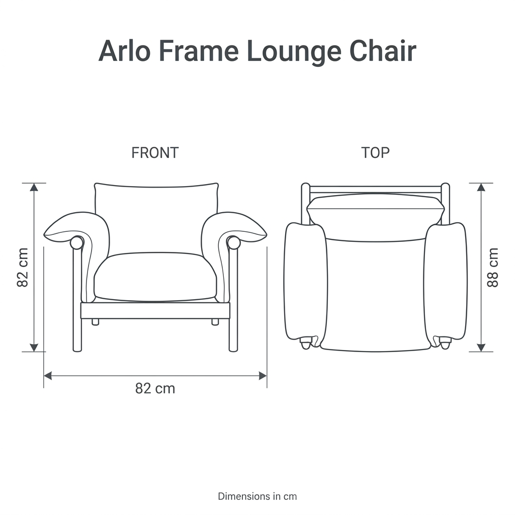 Arlo Frame Lounge Chair front and top dimension diagram: overall width 82 cm, depth 88 cm, height 82 cm