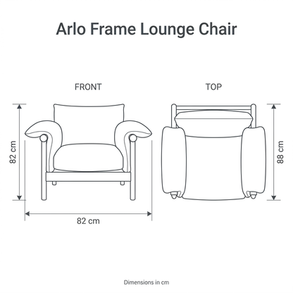 Arlo Frame Lounge Chair front and top dimension diagram: overall width 82 cm, depth 88 cm, height 82 cm
