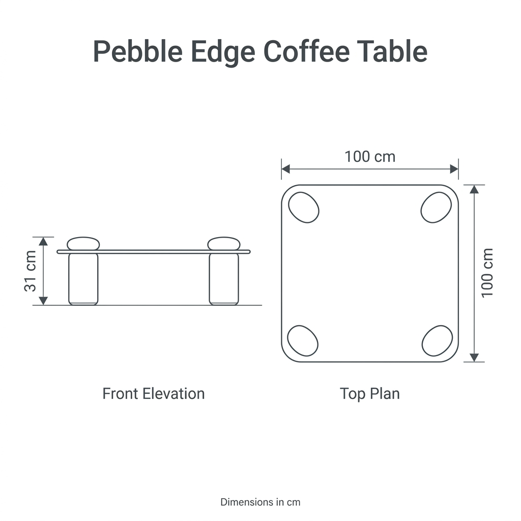 Pebble Edge Coffee Table front and top dimension diagram: width 100 cm, depth 100 cm, height 31 cm