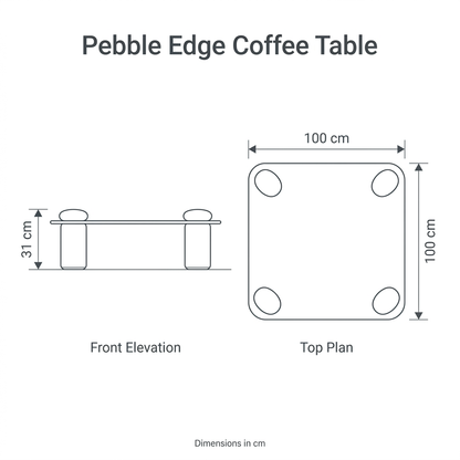 Pebble Edge Coffee Table front and top dimension diagram: width 100 cm, depth 100 cm, height 31 cm