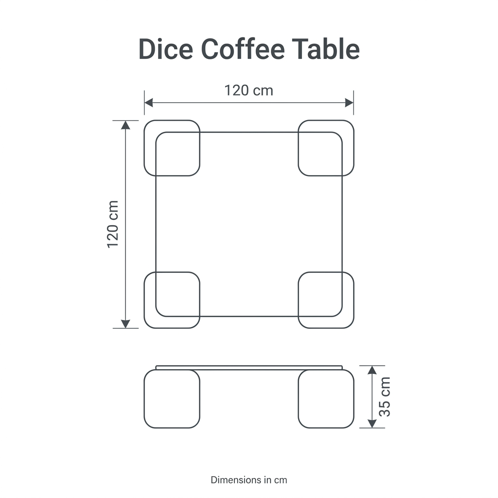 Dice Coffee Table dimension diagram: length 120 cm, width 120 cm, height 35 cm
