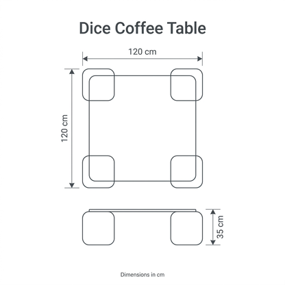 Dice Coffee Table dimension diagram: length 120 cm, width 120 cm, height 35 cm