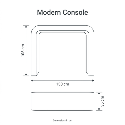 Modern Console front and top dimension diagram: length 130 cm, width 35 cm, height 105 cm