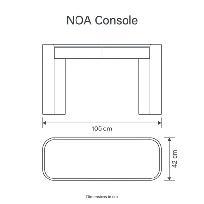 NOA Console front and top dimension diagram showing overall width 105 cm and depth 42 cm.
