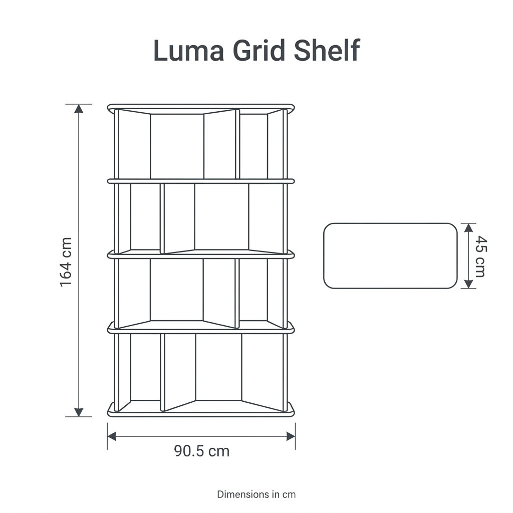 Luma Grid Shelf front and top dimension diagram: width 90.5 cm, depth 45 cm, height 164 cm