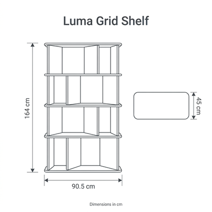 Luma Grid Shelf front and top dimension diagram: width 90.5 cm, depth 45 cm, height 164 cm