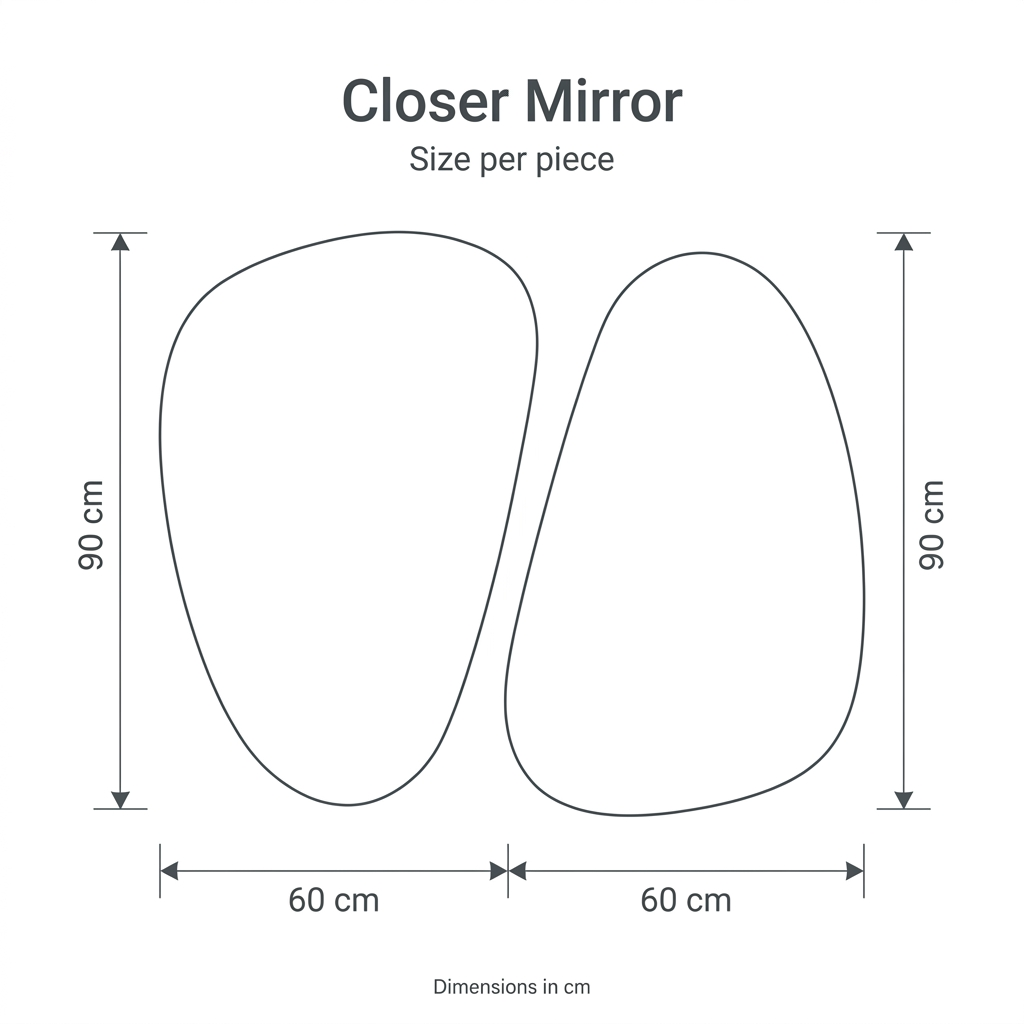 Closer Mirror two-piece dimension diagram: each piece is 60 cm wide and 90 cm high.