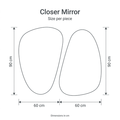 Closer Mirror two-piece dimension diagram: each piece is 60 cm wide and 90 cm high.