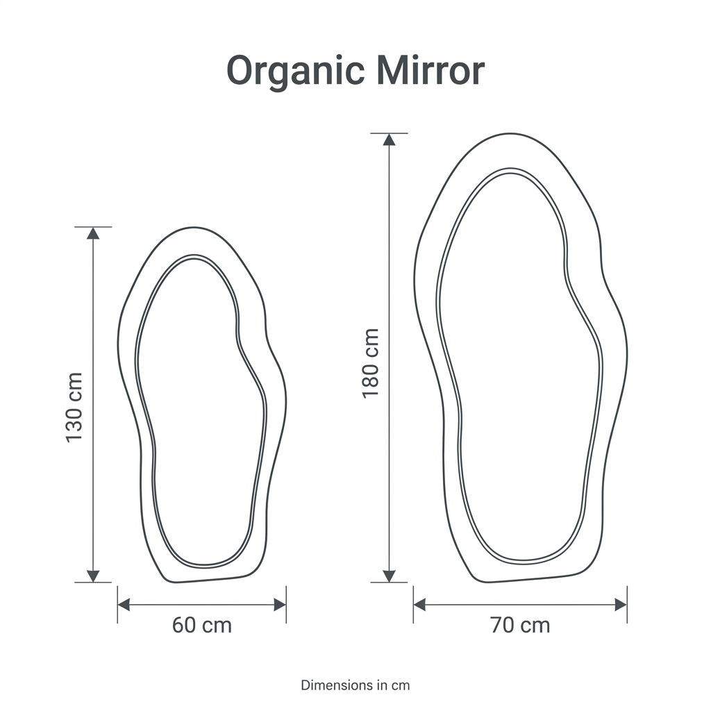 Organic Mirror dimension diagram showing two sizes: height 130 cm by width 60 cm, and height 180 cm by width 70 cm.