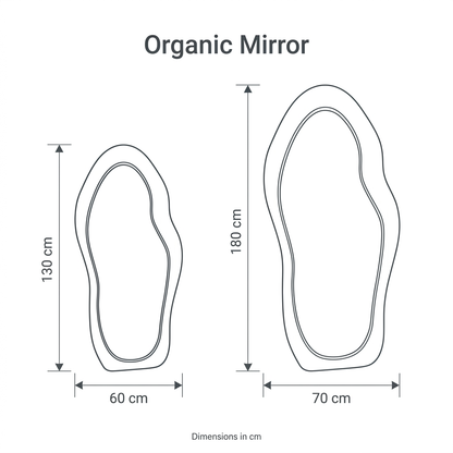 Organic Mirror dimension diagram showing two sizes: height 130 cm by width 60 cm, and height 180 cm by width 70 cm.