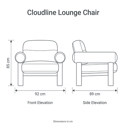 Cloudline Lounge Chair front and side dimension diagram: overall width 92 cm, depth 89 cm, height 85 cm