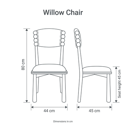 Willow Chair dimension diagram: width 44 cm, depth 45 cm, overall height 80 cm, seat height 45 cm