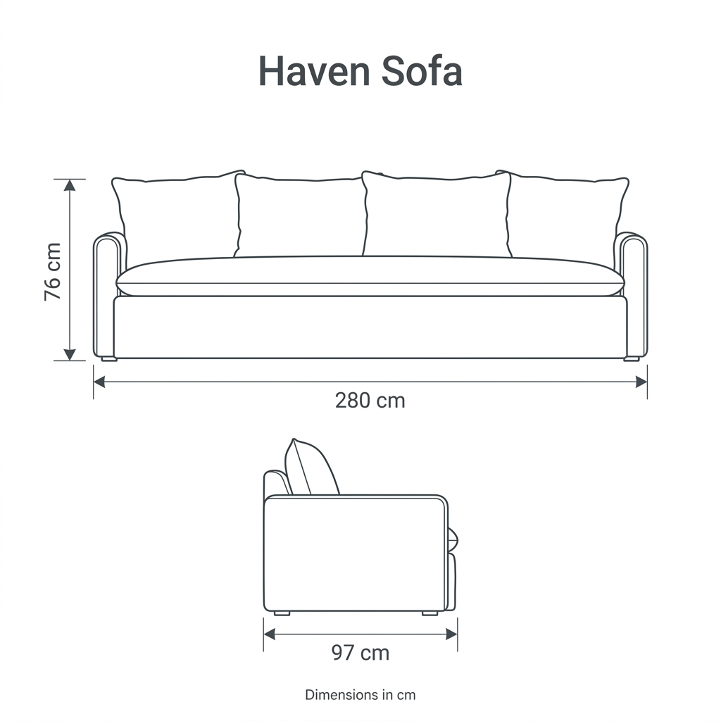 Haven Sofa dimension diagram: width 280 cm, depth 97 cm, height 76 cm