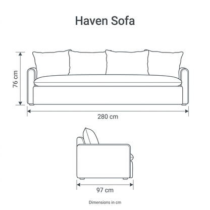 Haven Sofa dimension diagram: width 280 cm, depth 97 cm, height 76 cm