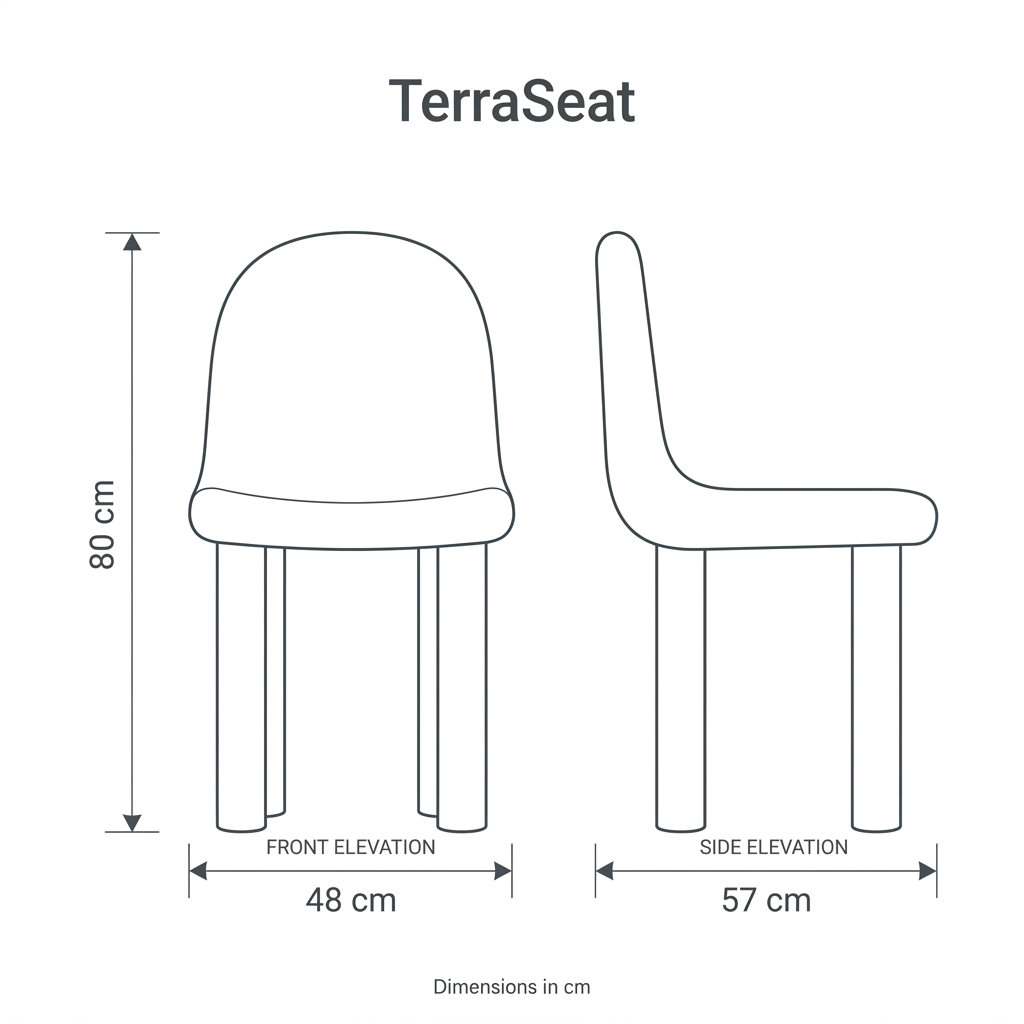 TerraSeat front and side dimension diagram: width 48 cm, depth 57 cm, height 80 cm