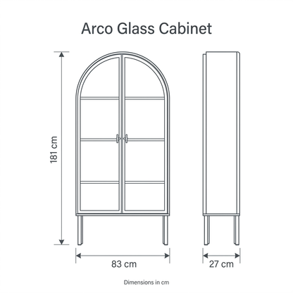 Arco Glass Cabinet dimension diagram: width 83 cm, depth 27 cm, height 181 cm