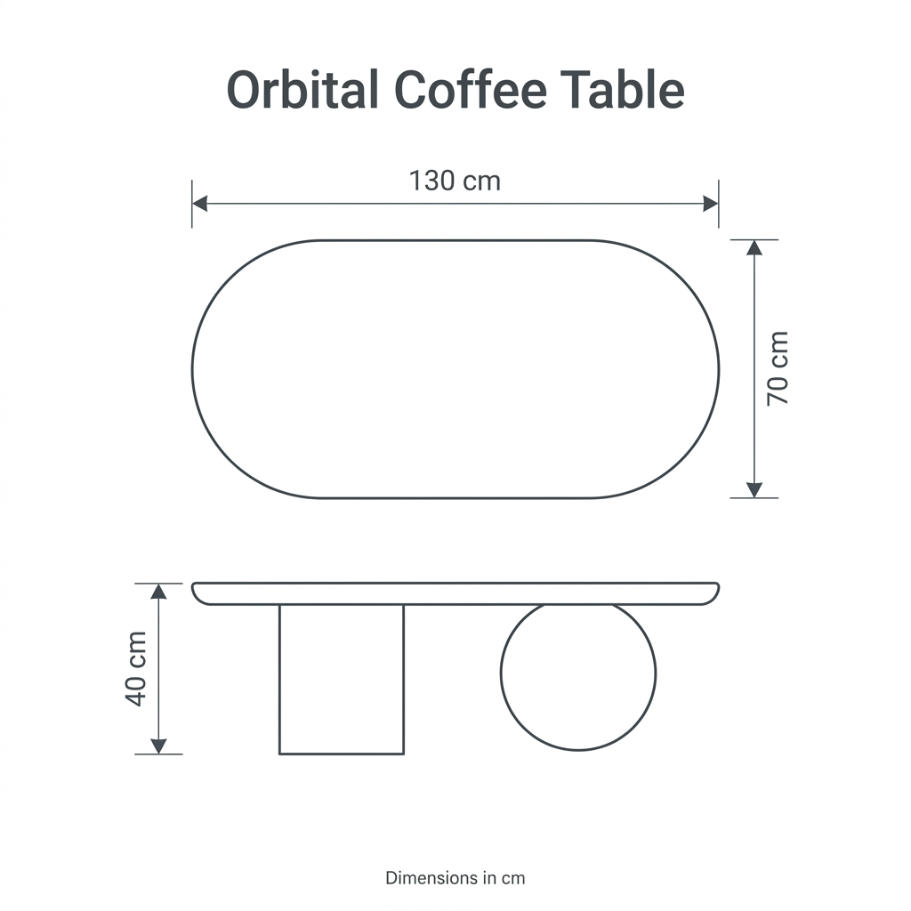 Orbital Coffee Table dimension diagram: length 130 cm, depth 70 cm, height 40 cm