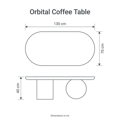 Orbital Coffee Table dimension diagram: length 130 cm, depth 70 cm, height 40 cm