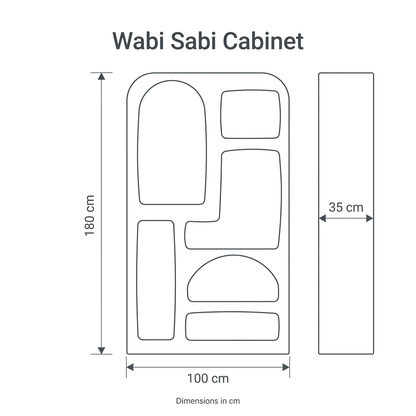 Wabi Sabi Cabinet dimension diagram: height 180 cm, width 100 cm, depth 35 cm