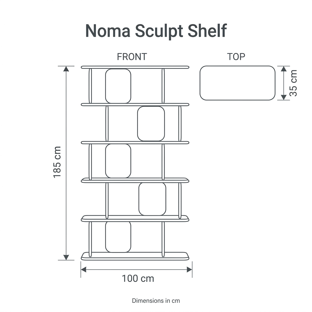 Noma Sculpt Shelf front and top dimension diagram: width 100 cm, depth 35 cm, height 185 cm