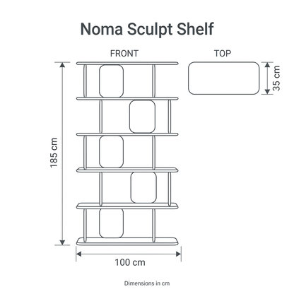 Noma Sculpt Shelf front and top dimension diagram: width 100 cm, depth 35 cm, height 185 cm